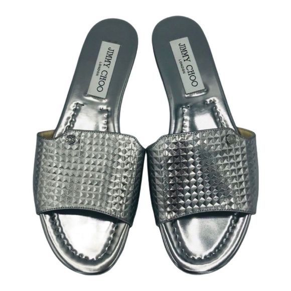 NWOB! JIMMY CHOO STEEL MIRRORED LEATHER SLIDES - Picture 2 of 7